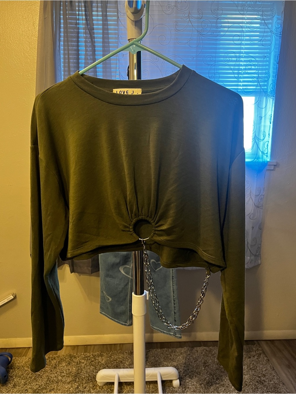 Love J Olive Green Cropped Sweatshirt with Center Ring Drop Chain